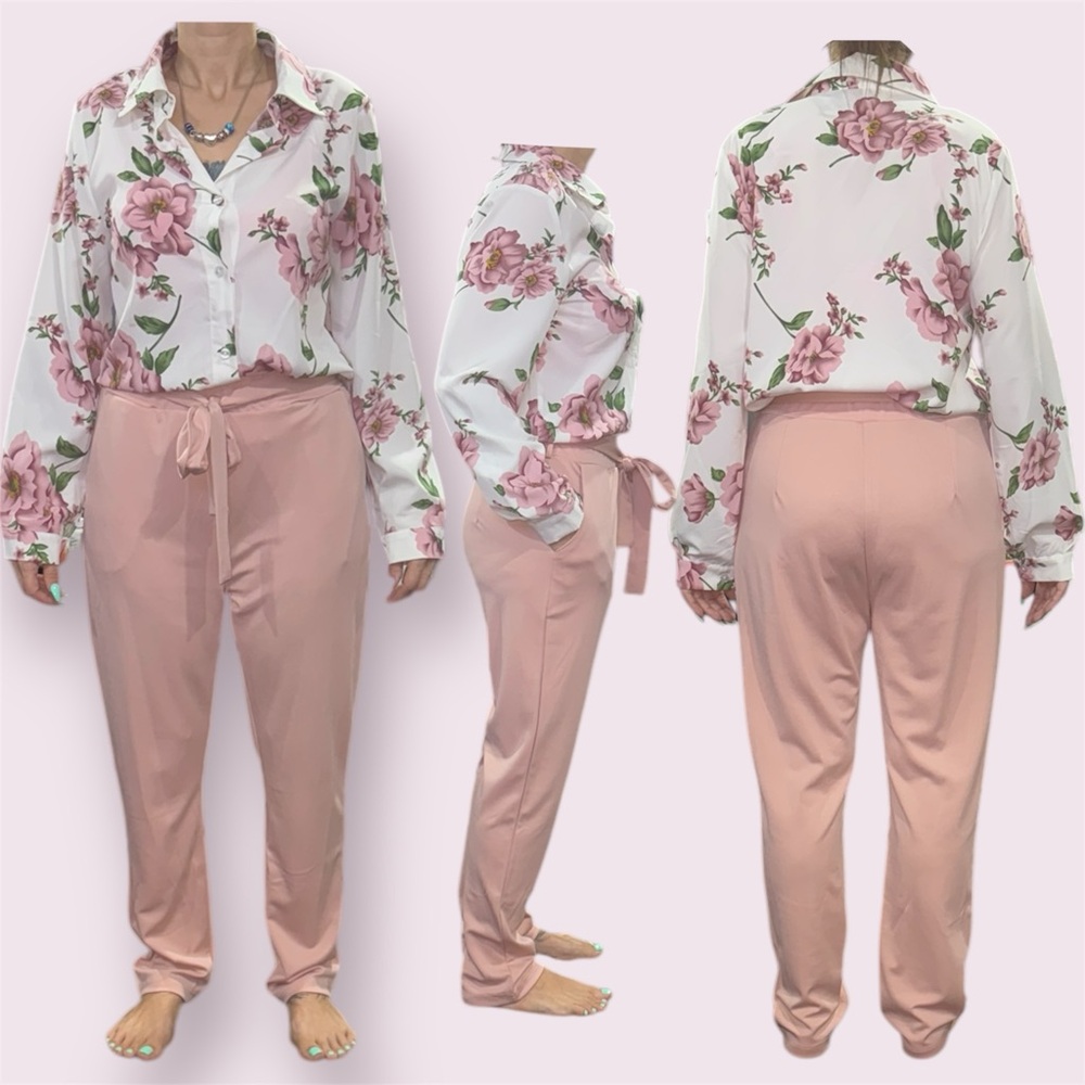 Floral Blouse and Pink Pants Set